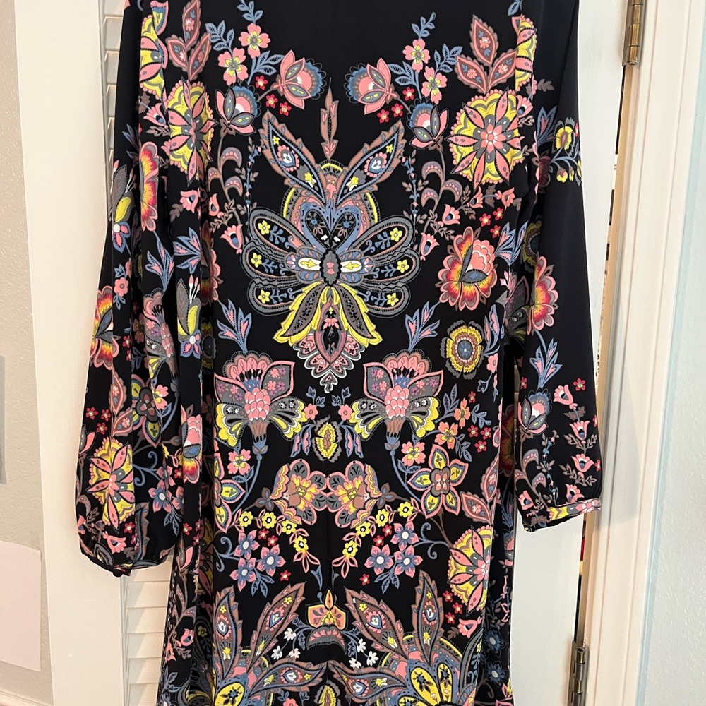 LOFT Navy Floral Paisley Long Sleeve Dress with Pink & Yellow Accents - Picture 4 of 4